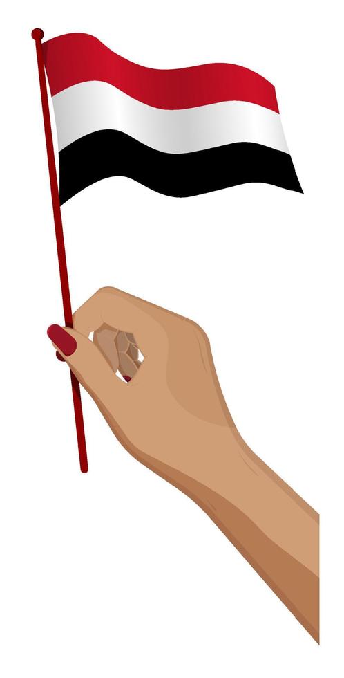 la mano femenina sostiene suavemente una pequeña bandera de la república de yemen. elemento de diseño de vacaciones. vector de dibujos animados sobre fondo blanco