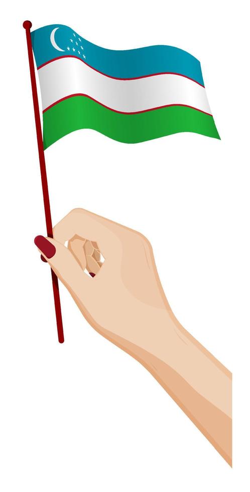 Female hand gently holds small flag of uzbekistan. Holiday design element. Cartoon vector on white background