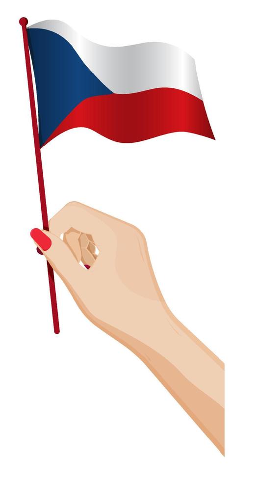 Female hand gently holds small Flag of Czech Republic. Holiday design element. Cartoon vector on white background