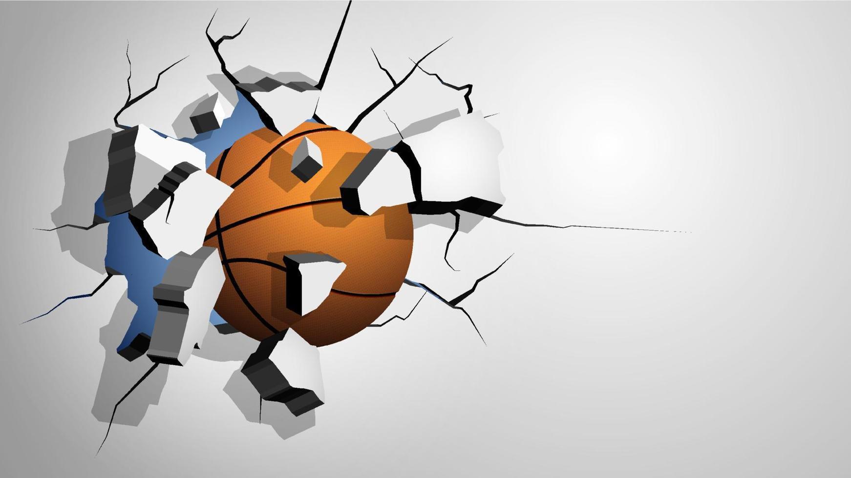 pelota de baloncesto naranja perforada a través de la pared y se rompe en fragmentos, grietas en la pared. infligiendo graves daños. vector