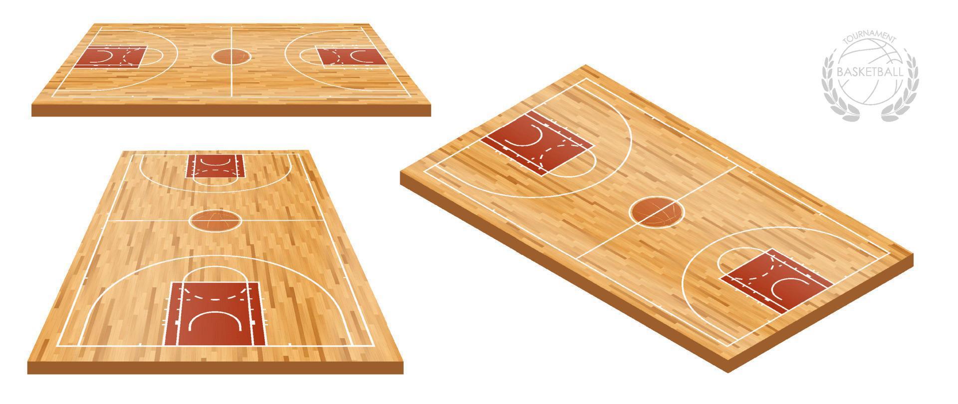 cancha de baloncesto en isométrica con parquet de madera y líneas de marcas. esbozar la vista superior del patio de juegos de baloncesto. campo de deportes para la recreación activa. vector