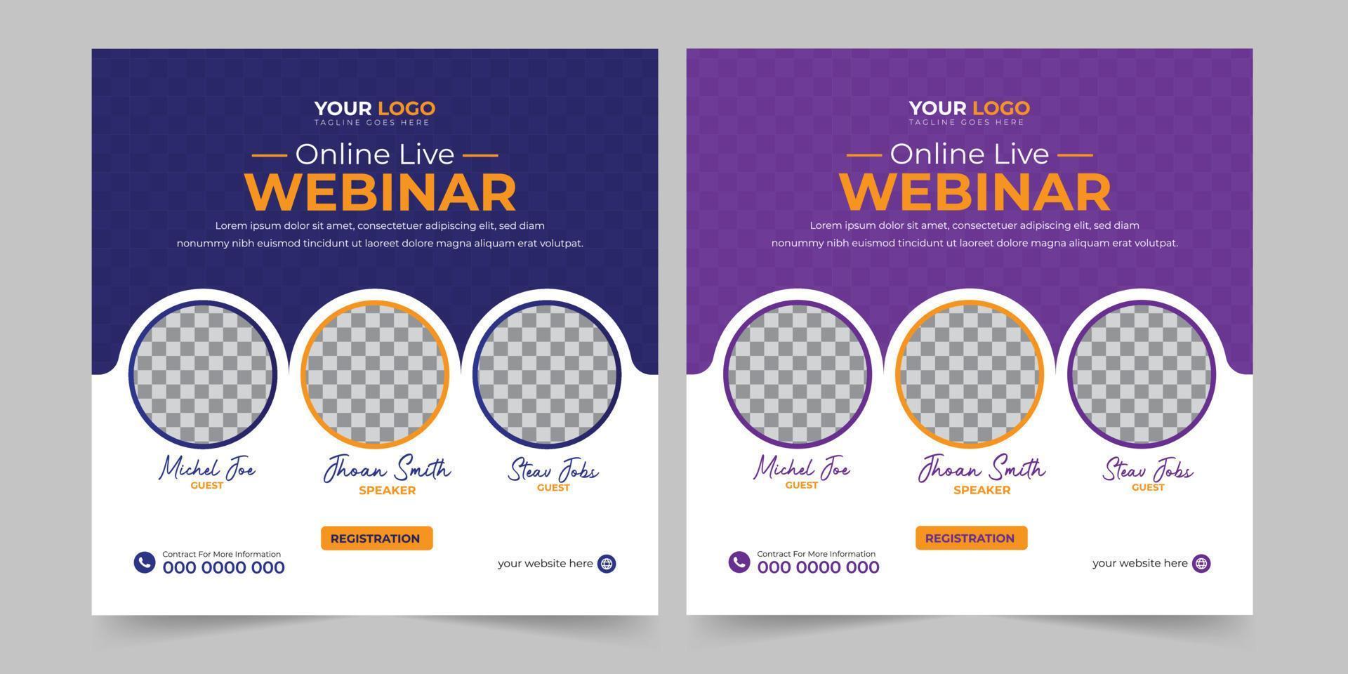 Trendy digital marketing live webinar social media post suqire banner design. Modern conference webinar social media ads template. vector