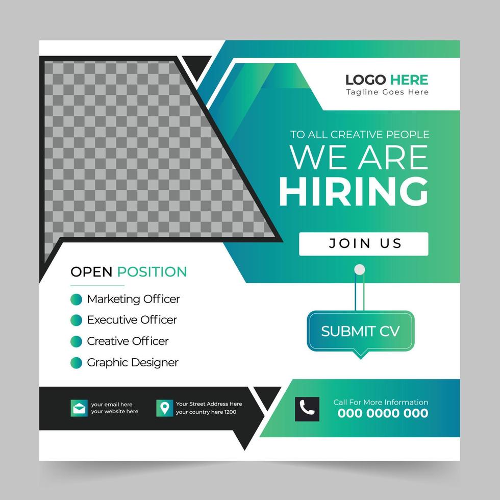 We are hiring job square social media post banner design for companies or agency. Creative job hiring web banner, poster design template vector. vector