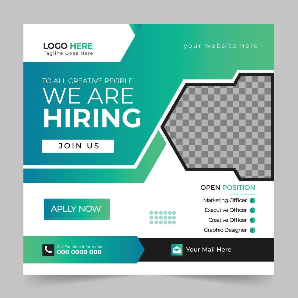 We are hiring job square social media post banner design for companies or agency. Creative job hiring web banner, poster design template vector. vector