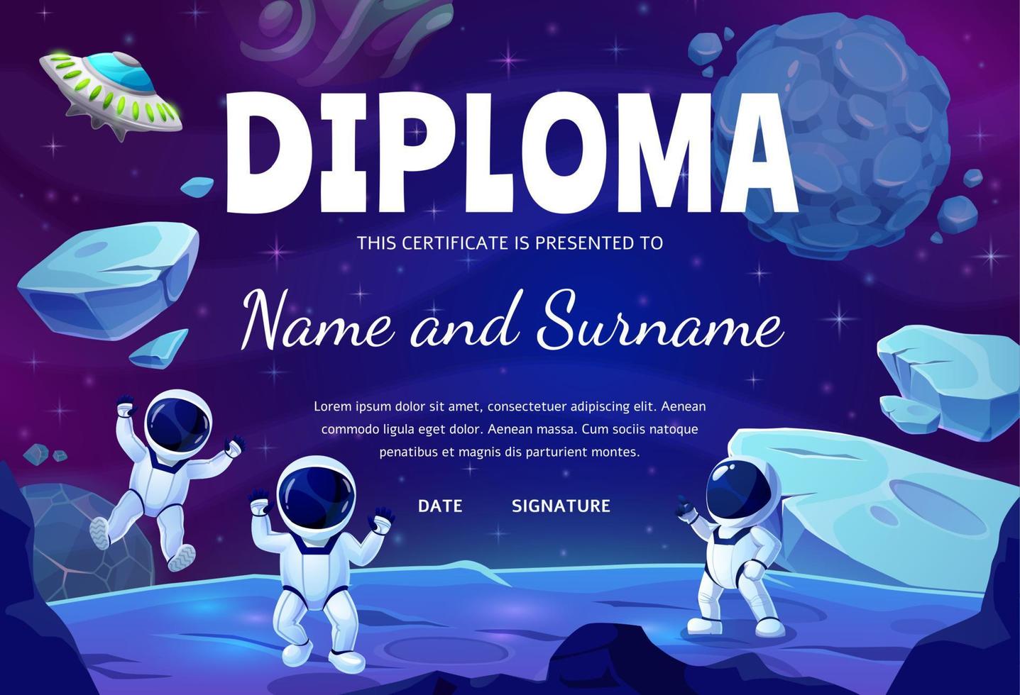Kids astronaut diploma with spaceman on outerspace vector