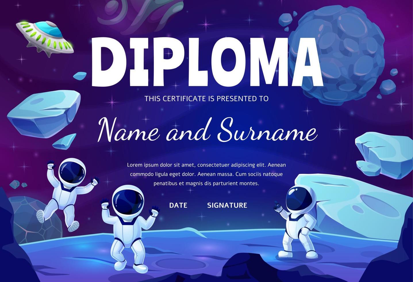 diploma de astronauta para niños con astronauta en el espacio exterior vector