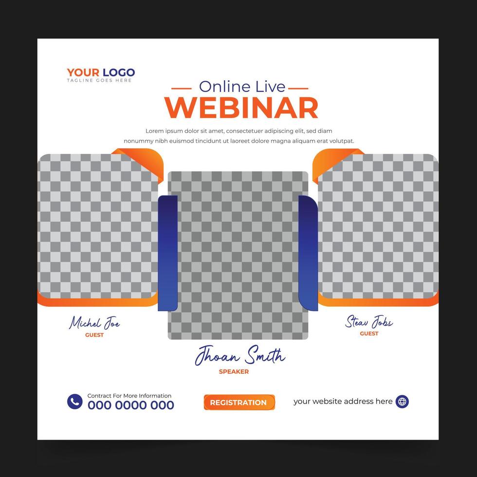Trendy digital marketing live webinar social media post suqire banner design. Modern conference webinar social media ads template. vector