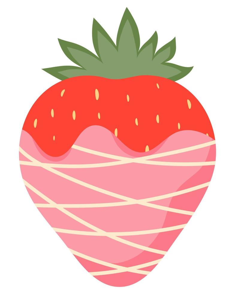Strawberries in pink chocolate with white icing. Vector illustration