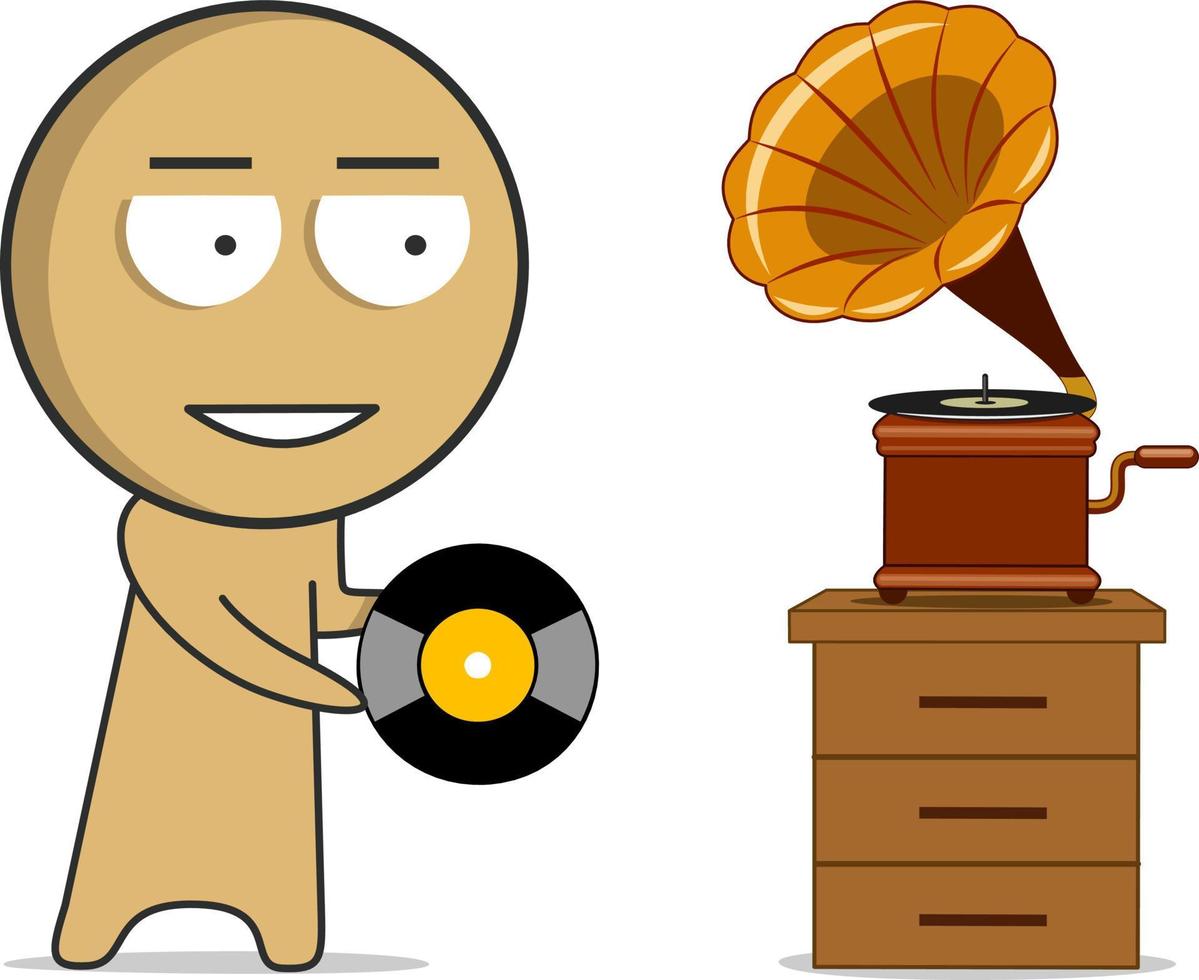 The musician puts the record into the gramophone vector