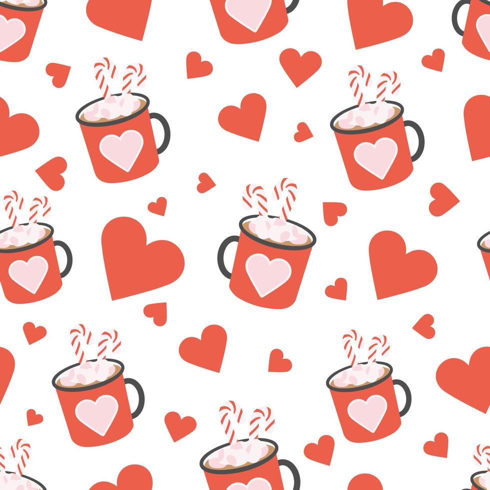 Cute seamless pattern for Valentine's day with hearts and mugs. vector