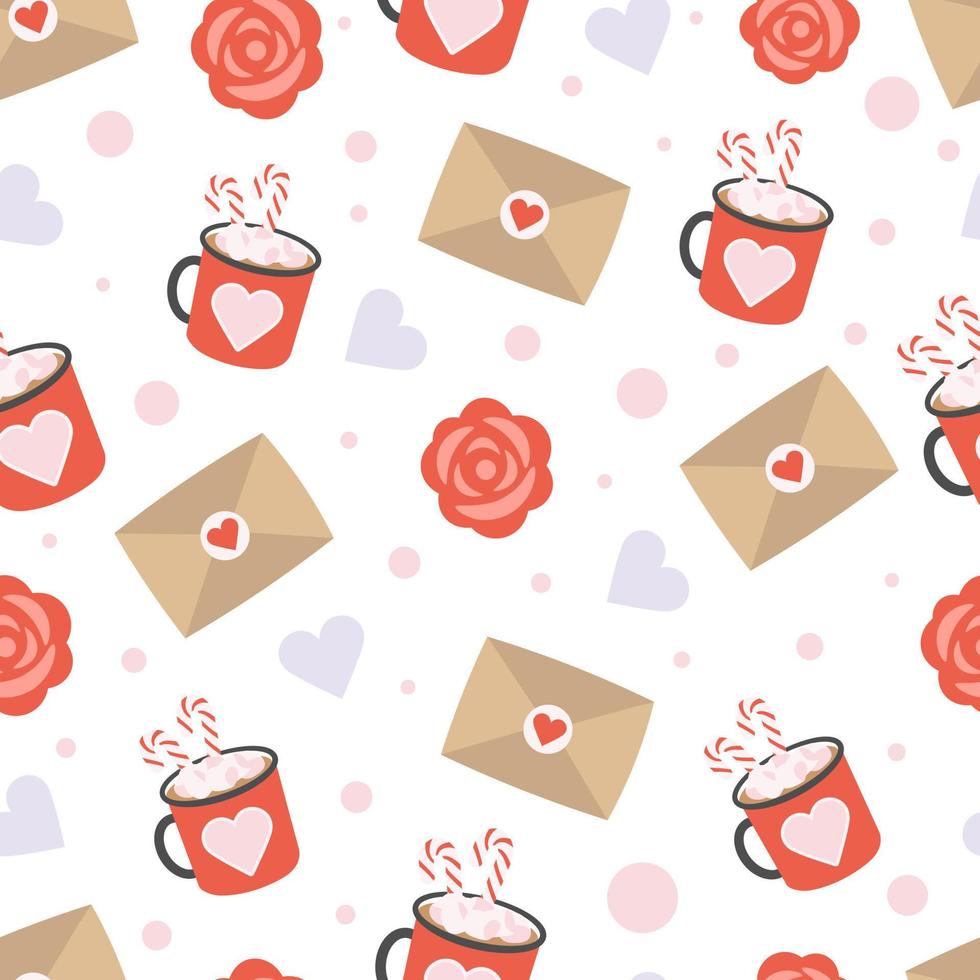 Cute seamless pattern for Valentine's day with hearts and mugs. vector