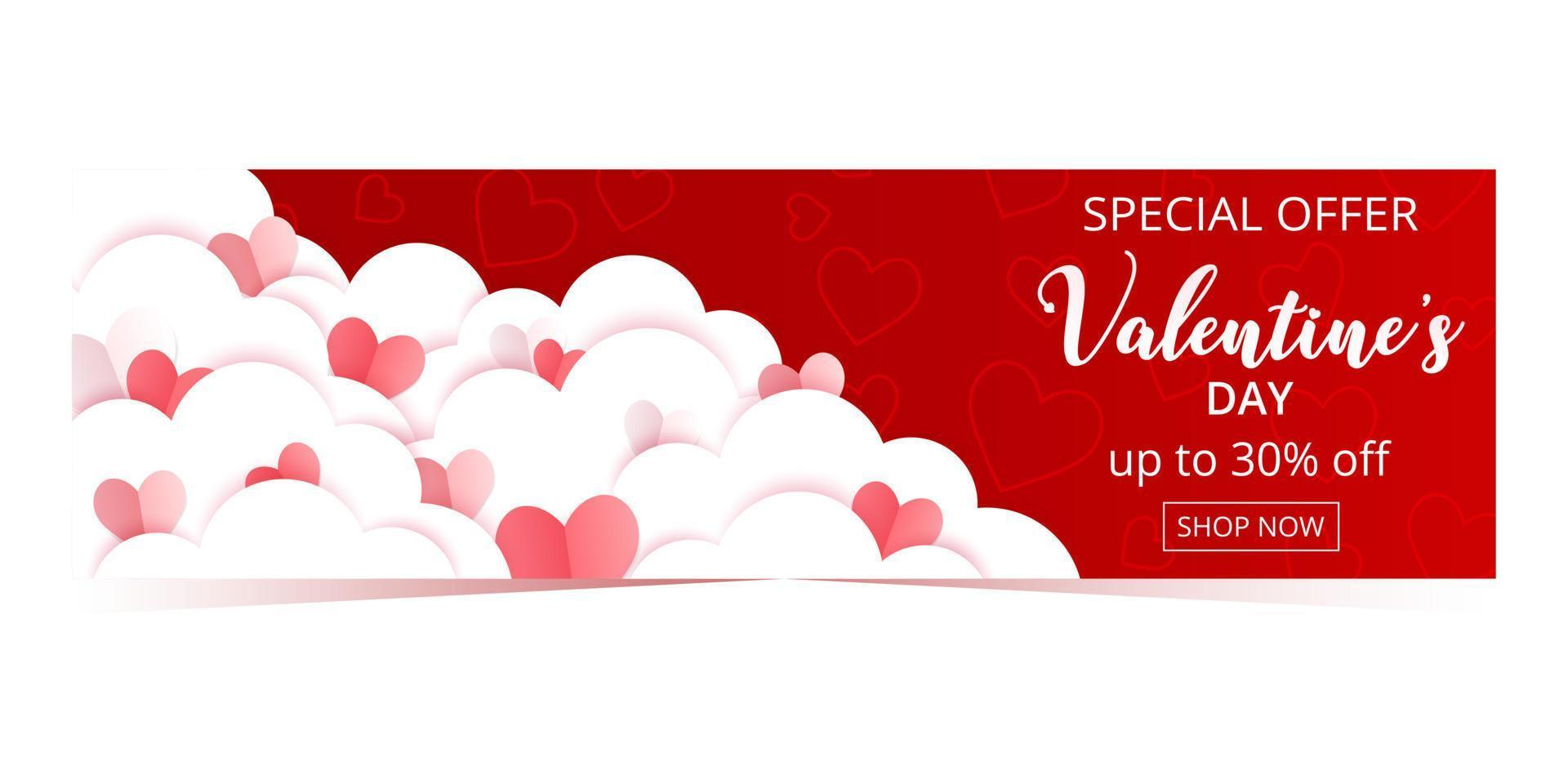 Valentine's Day special offer poster or banner with many glass hearts on pink background. vector