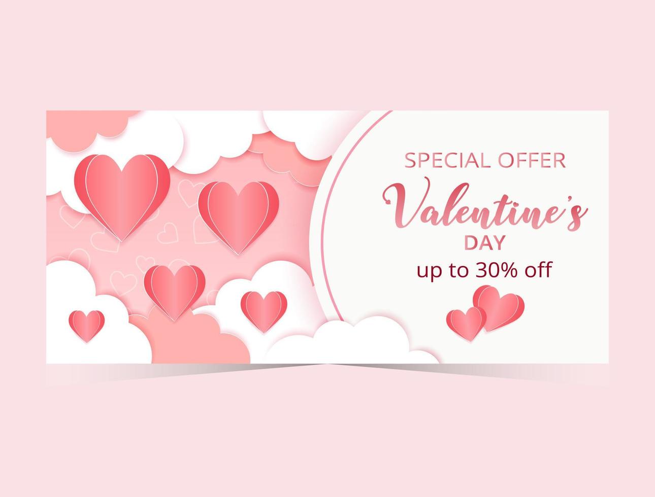 cartel de oferta especial del día de san valentín o pancarta con muchos corazones de vidrio sobre fondo rosa. vector