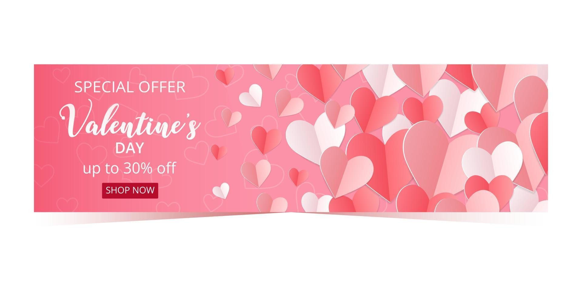 cartel de oferta especial del día de san valentín o pancarta con muchos corazones de vidrio sobre fondo rosa. vector