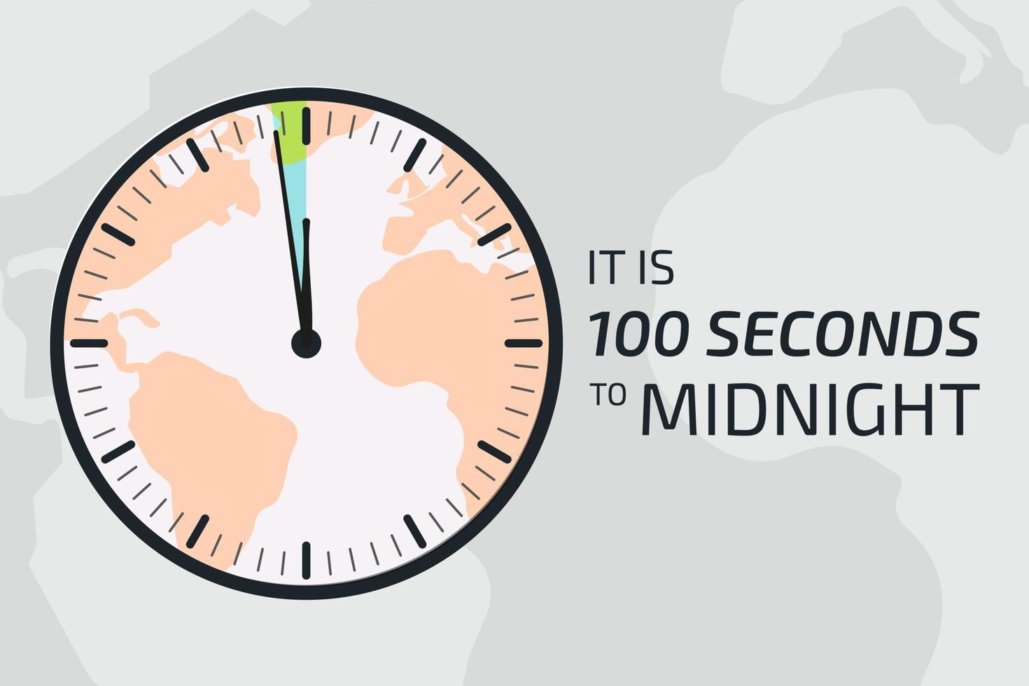 It is 100 seconds to midnight banner. Doomsday alarm poster. Doomsday clock. Symbol of global catastrophe, apocalypse sign. Flat vector illustration.