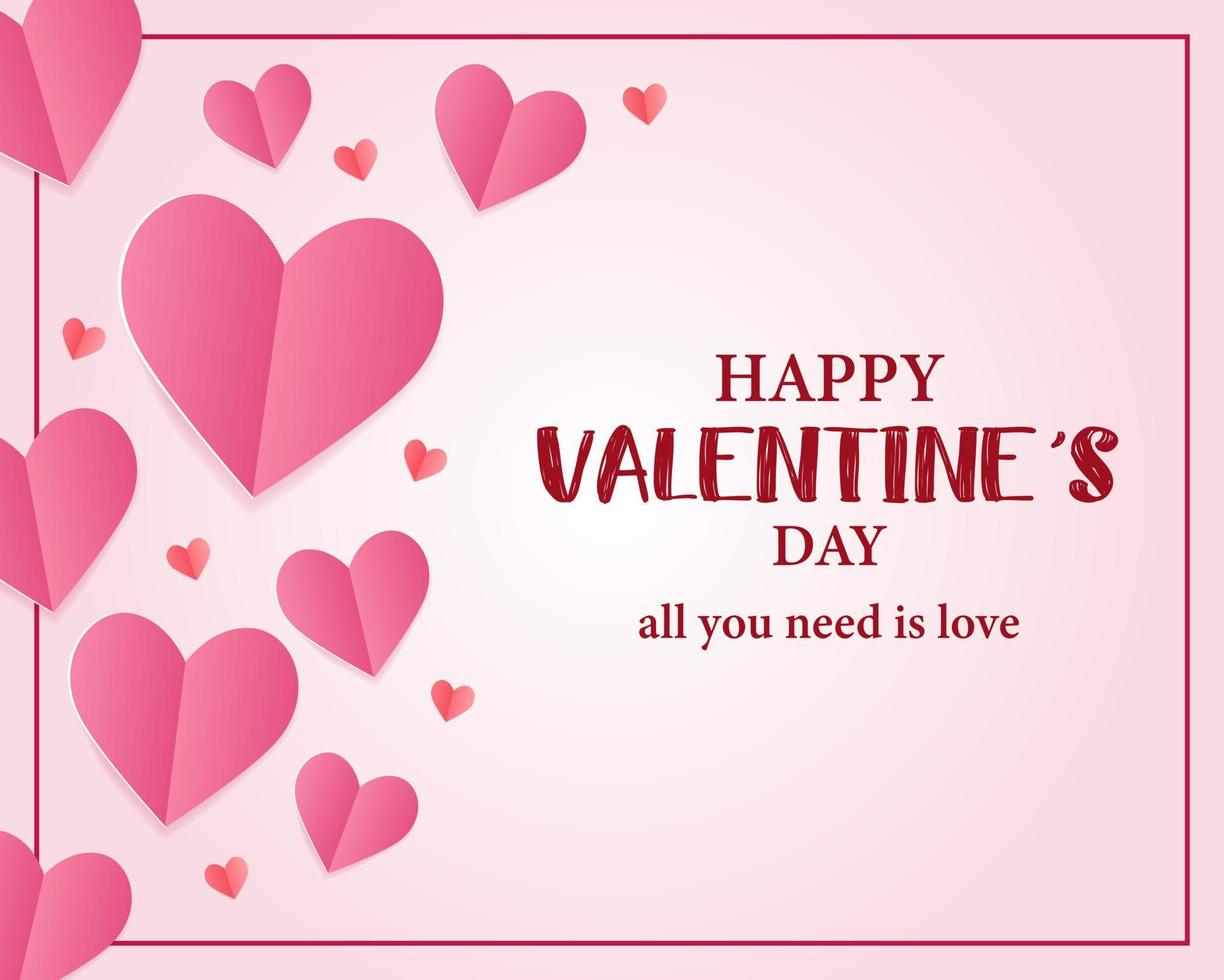 Valentine's Day postcard template with hearts on pink background. Holiday vector illustration