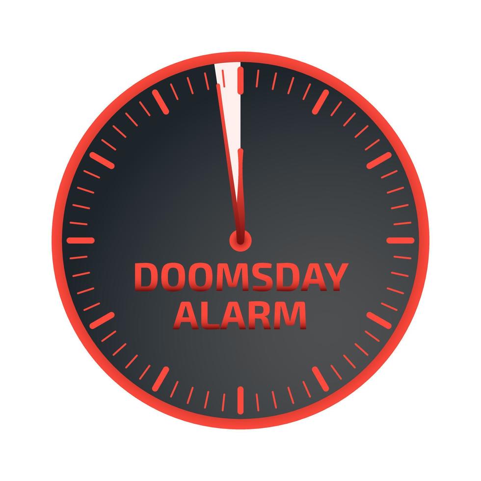 Doomsday alarm poster. Doomsday clock. 100 seconds to midnight. Symbol of global catastrophe, apocalypse sign. Flat vector illustration.