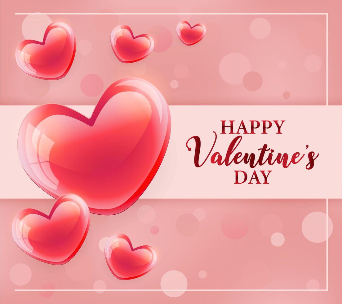 Valentine's Day postcard template with heart shaped balloons and bow on pink background. Holiday vector illustration