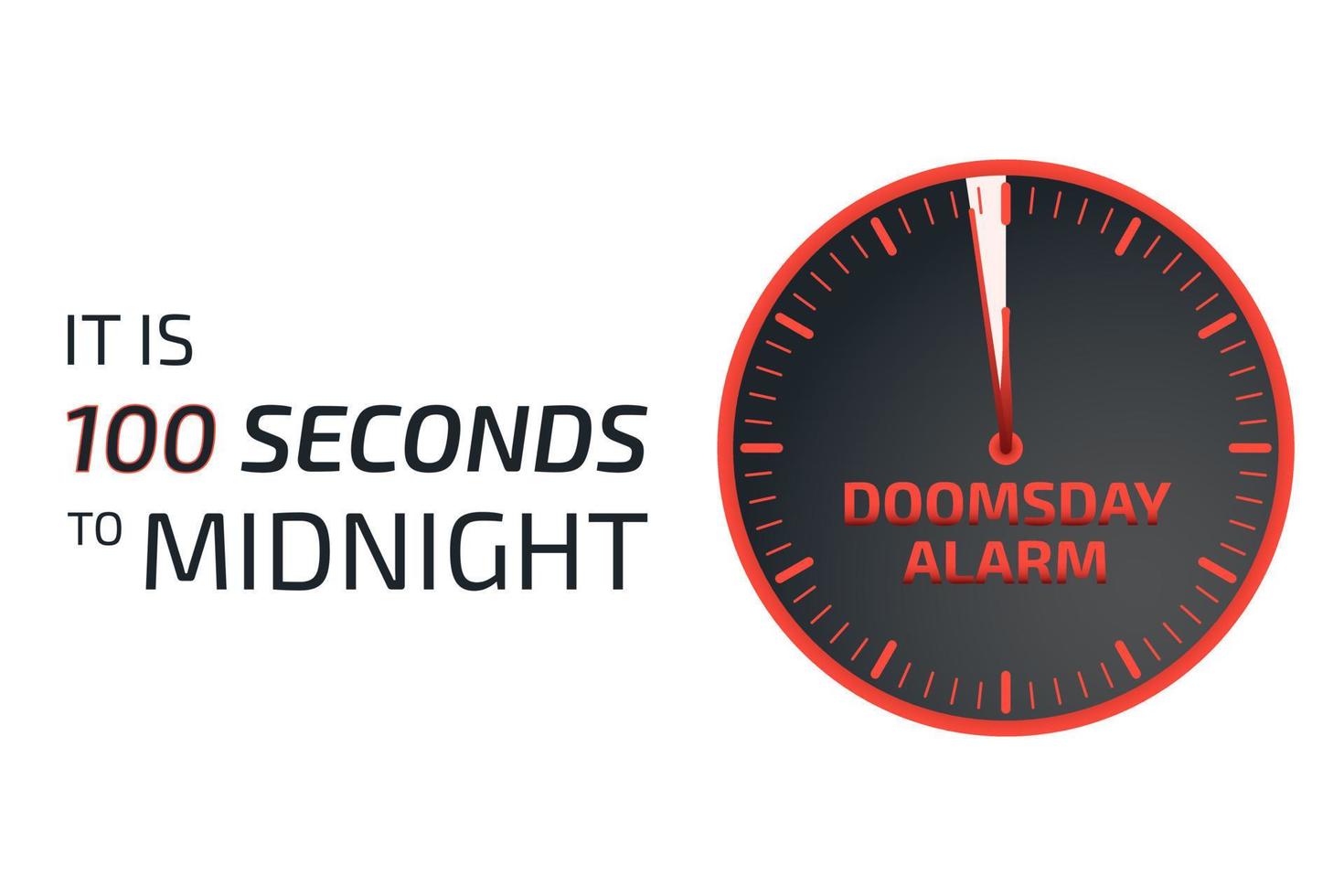 It is 100 seconds to midnight banner. Doomsday alarm poster. Doomsday clock. Symbol of global catastrophe, apocalypse sign. Flat vector illustration.