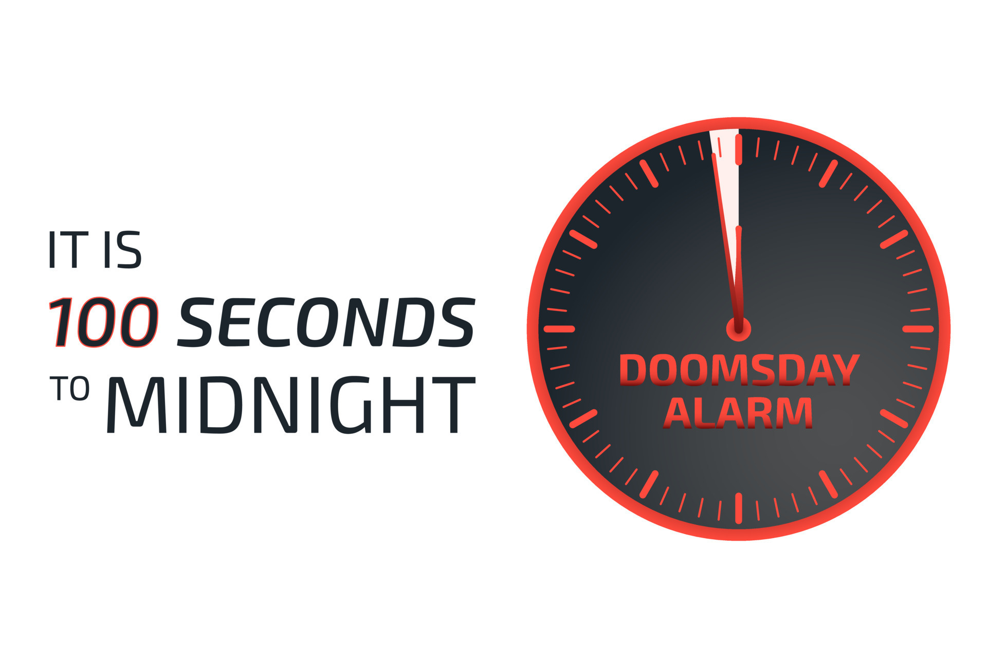 It is 100 seconds to midnight banner. Doomsday alarm poster. Doomsday