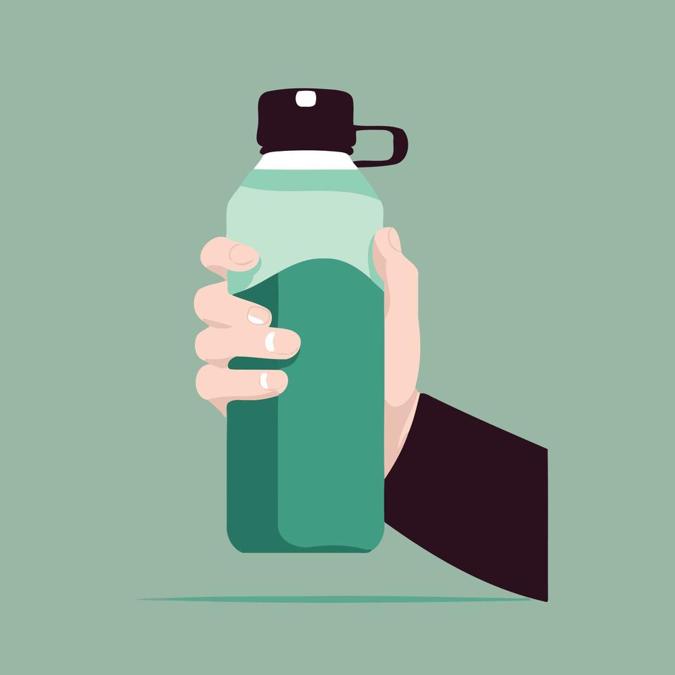 mano humana sosteniendo una botella de agua deportiva de plástico transparente vector