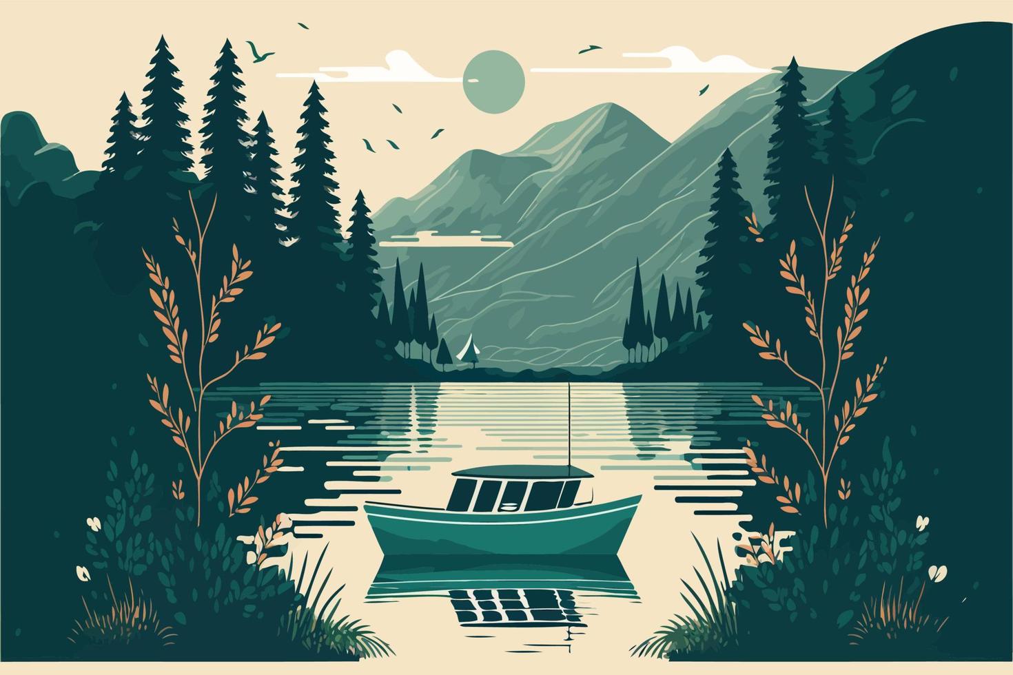 river in natural environment with an empty boat vector