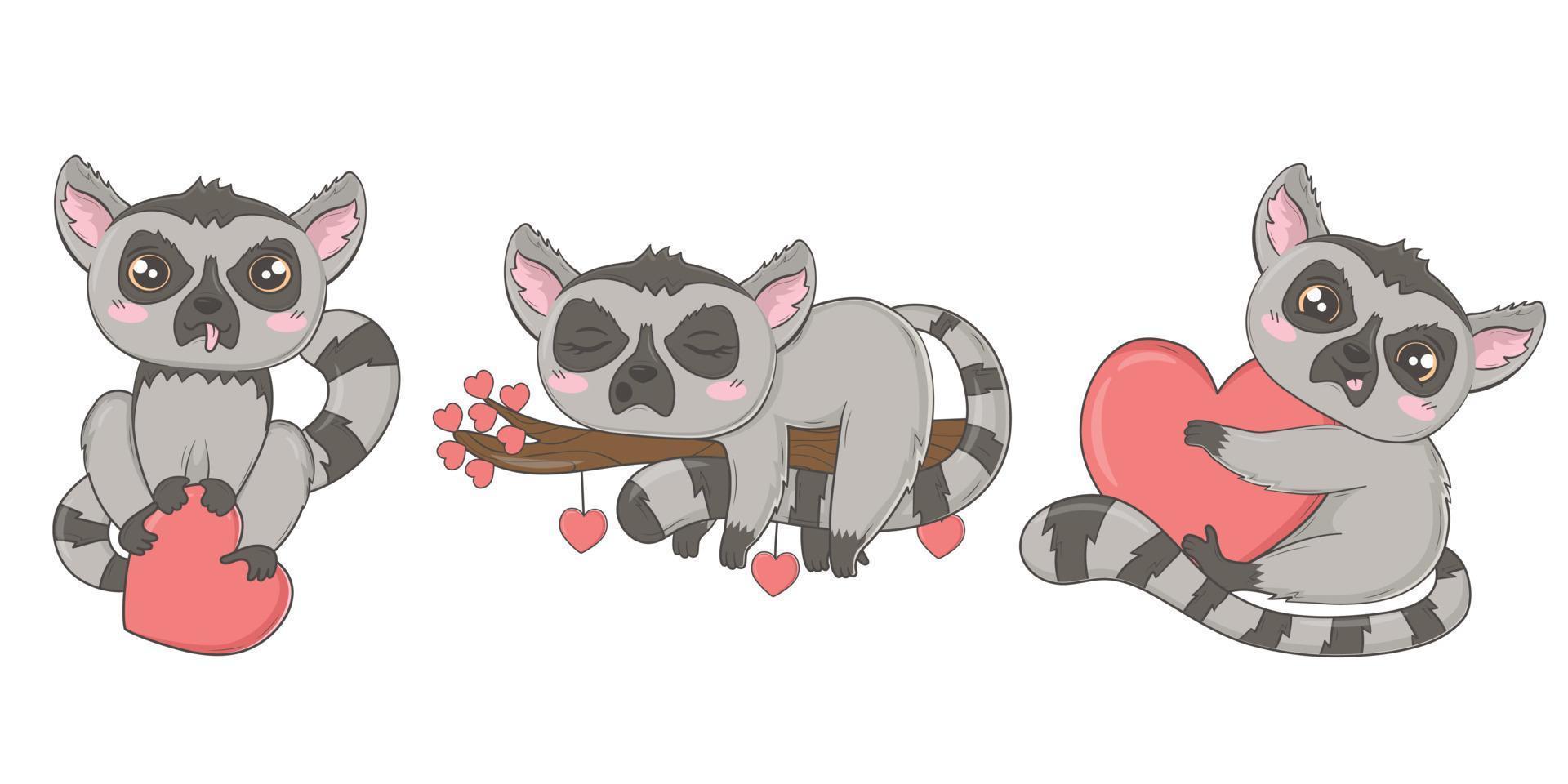 Set of funny tropical animals lemurs for Valentine's day in hand drawn doodle style for children, children's books and games, cards, print vector