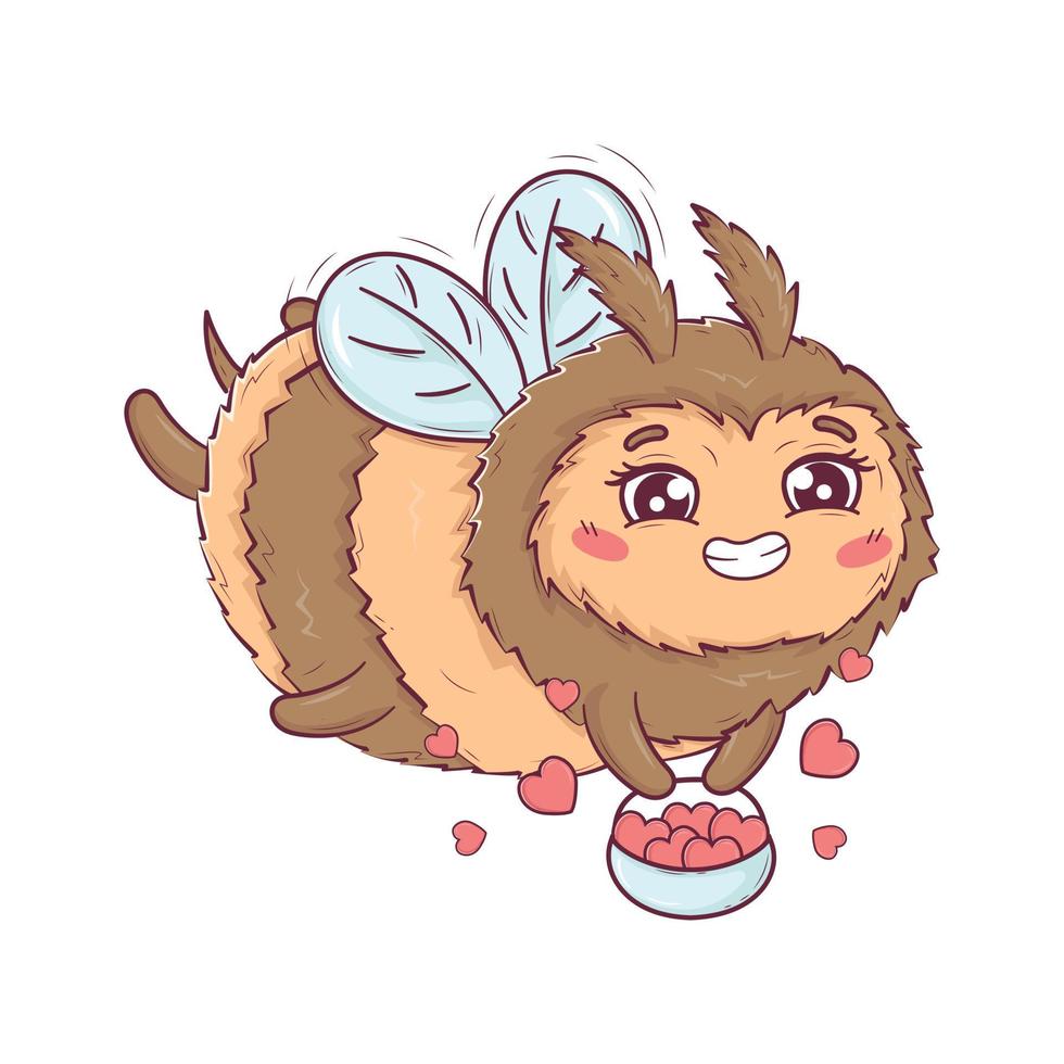 Cartoon cute bee in love flies and carries a basket with hearts for Valentine's Day isolated on a white background vector illustration