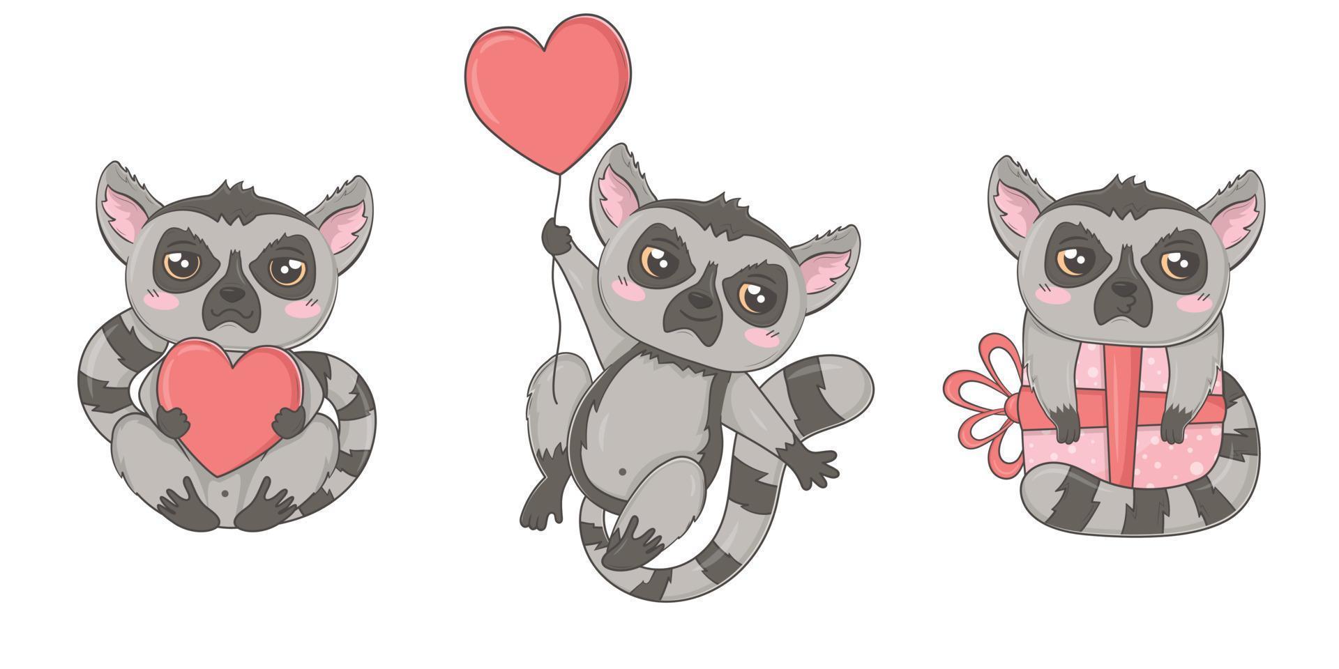 Set of funny tropical animals lemurs for Valentine's day in hand drawn doodle style for children, children's books and games, cards, print vector