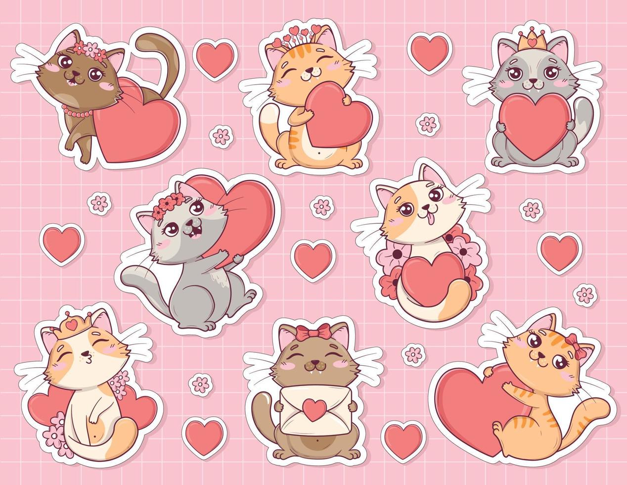 paquete de pegatinas para notas y tarjetas con lindos gatos kawaii de san valentín en diferentes poses con corazones y flores vector