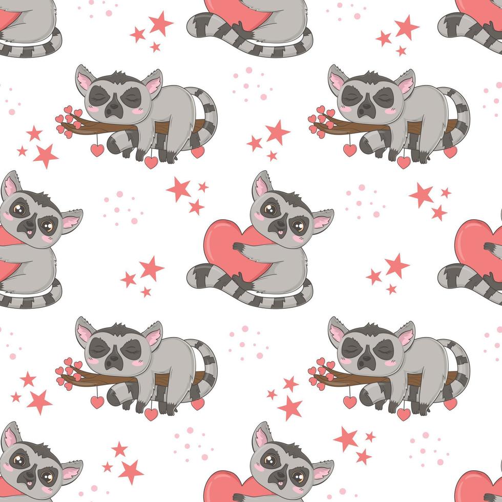 Seamless pattern with cute lemurs for Valentine's Day in cartoon style for kids, children's books and games, print. vector