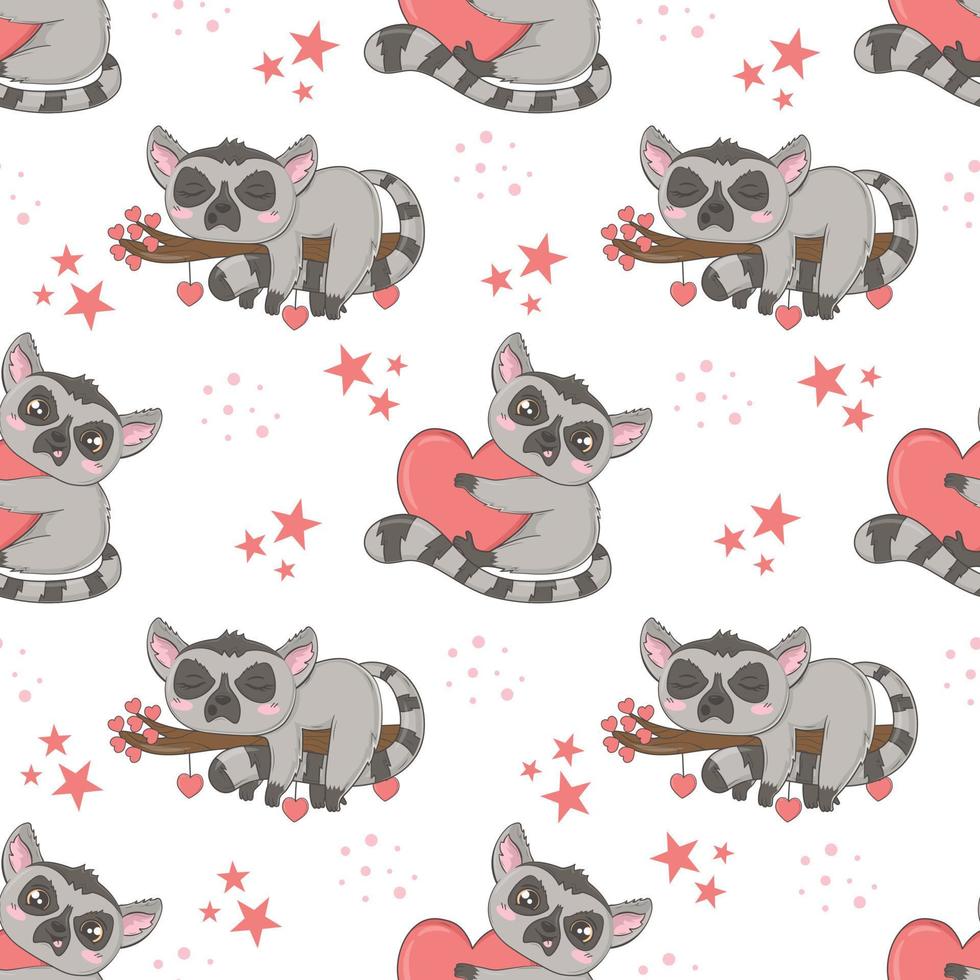 Seamless pattern with cute lemurs for Valentine's Day in cartoon style for kids, children's books and games, print. vector