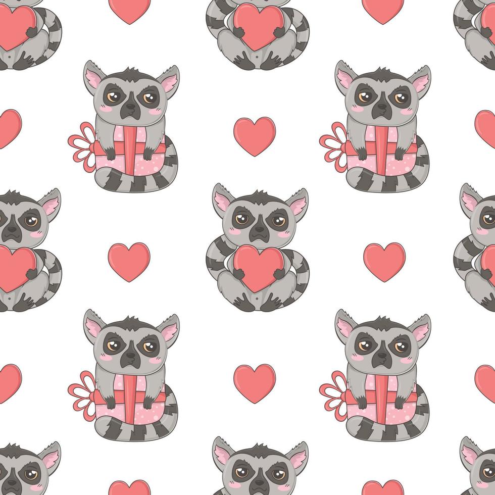 Seamless pattern with cute lemurs for Valentine's Day in cartoon style for kids, children's books and games, print. vector