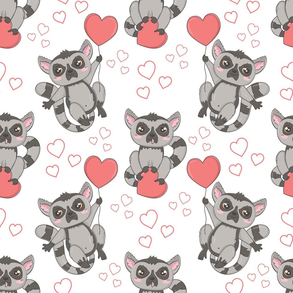 Seamless pattern with cute lemurs for Valentine's Day in cartoon style for kids, children's books and games, print. vector