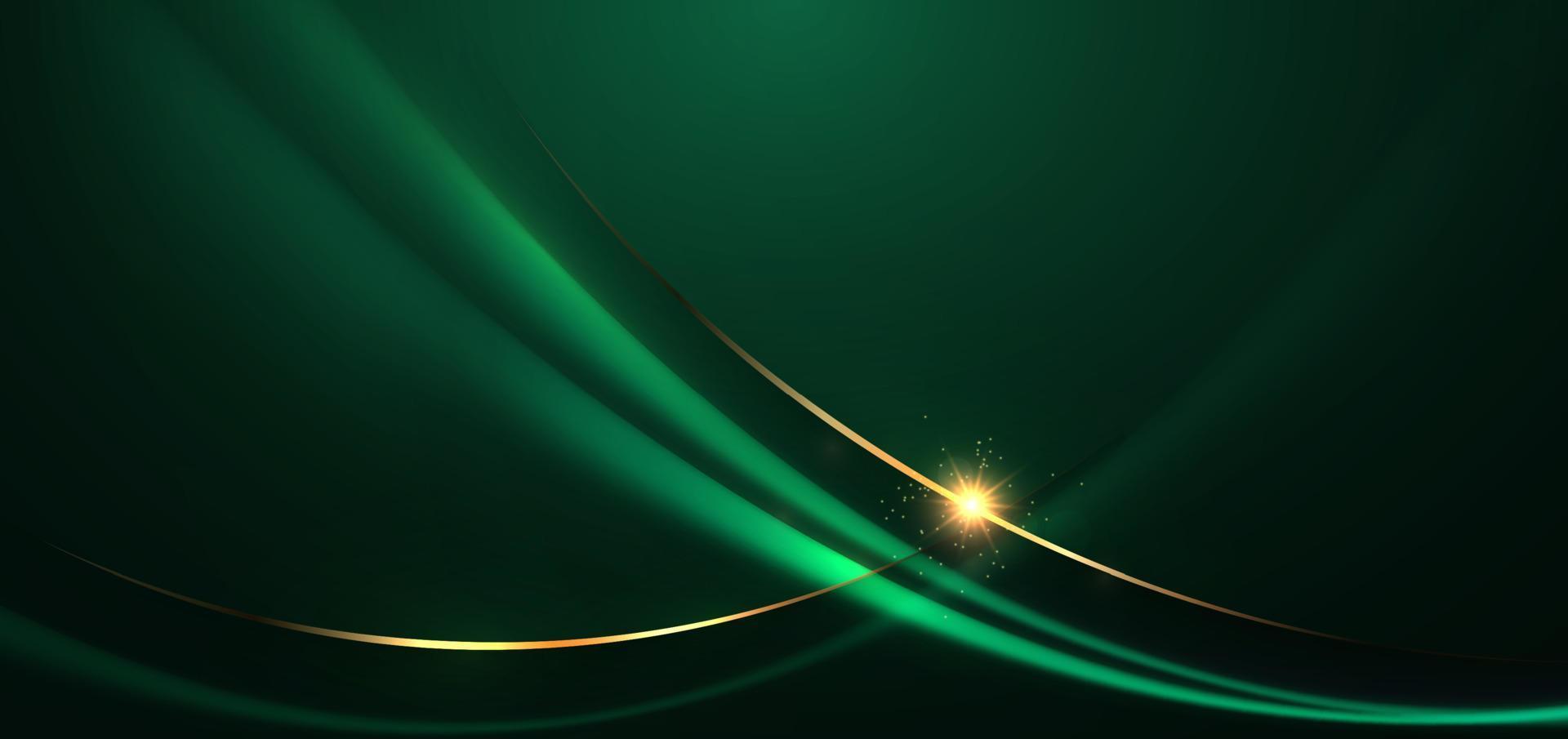 Abstract 3d gold curved green ribbon on dark green background with lighting effect and sparkle with copy space for text. Luxury design style. vector