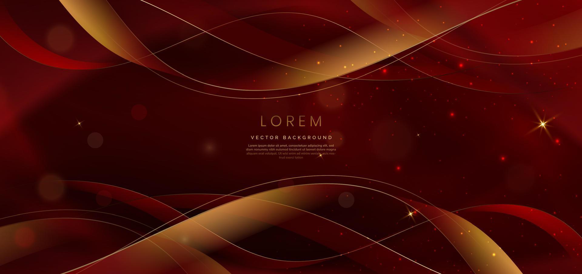 Abstract gold ribbon lighting curved on red background with lighting effect and sparkle bokeh. Luxury design style. vector