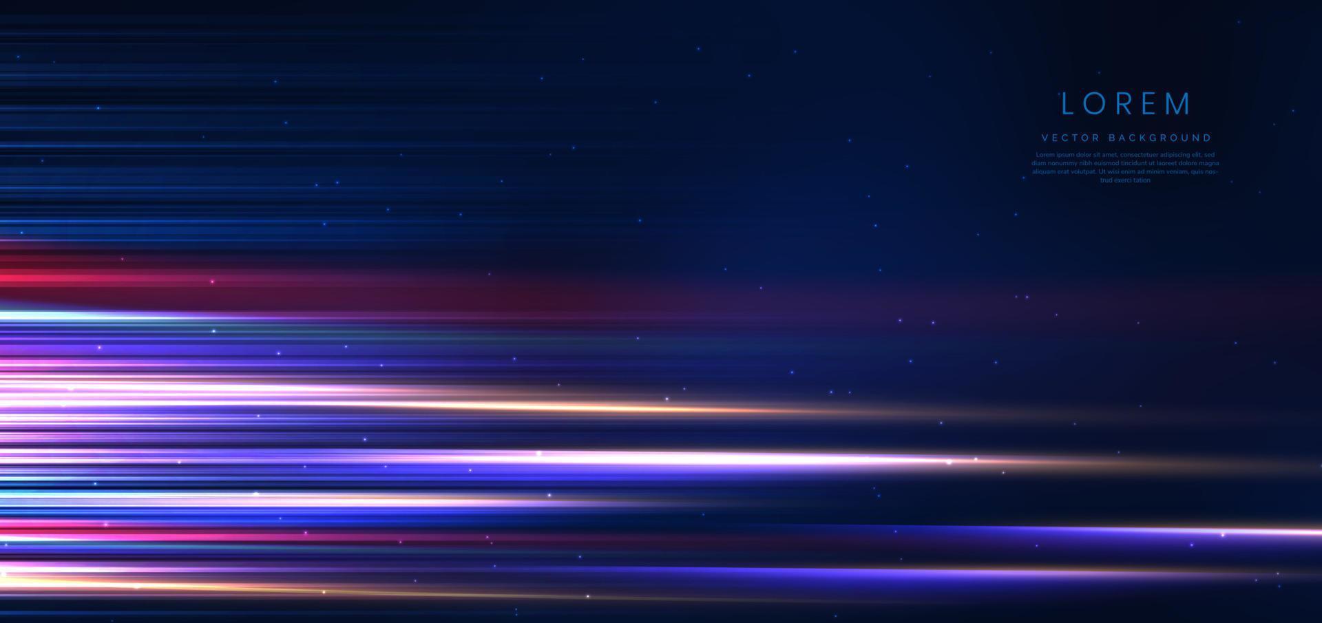 Abstract technology futuristic neon horizontal glowing blue and pink  light lines with speed motion blur effect on dark blue background. vector