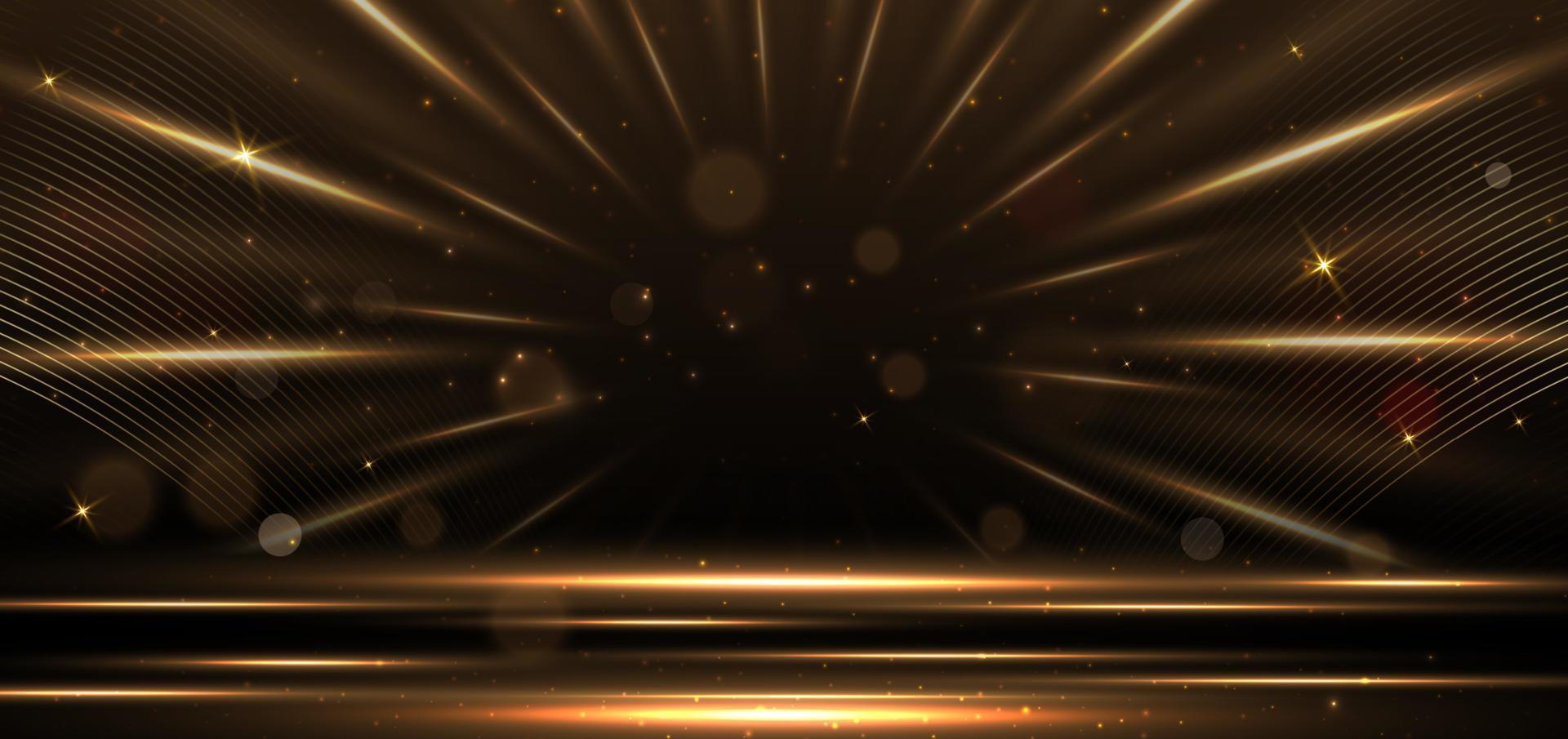 elegante círculo de luz escena dorada diagonal que brilla intensamente con efecto de iluminación sobre fondo negro. diseño de premio premium de plantilla. vector