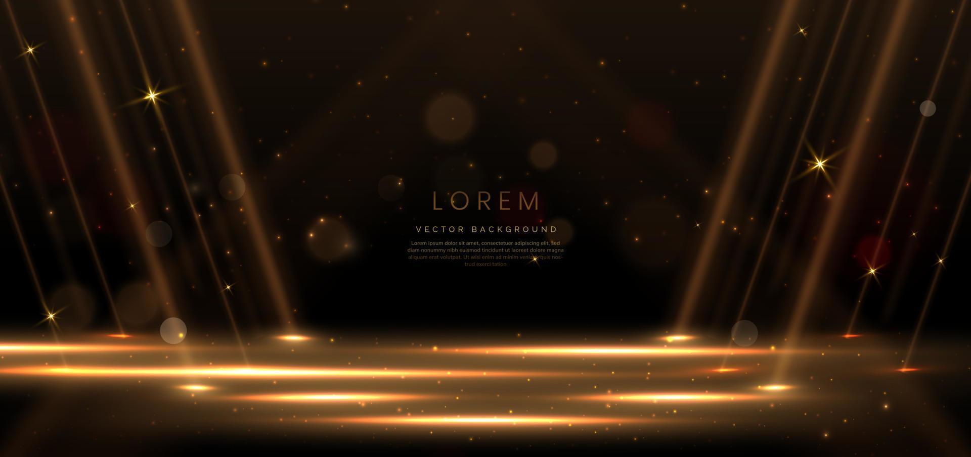 Elegant golden stage horizontal glowing with lighting effect sparkle on black background. Template premium award design. vector