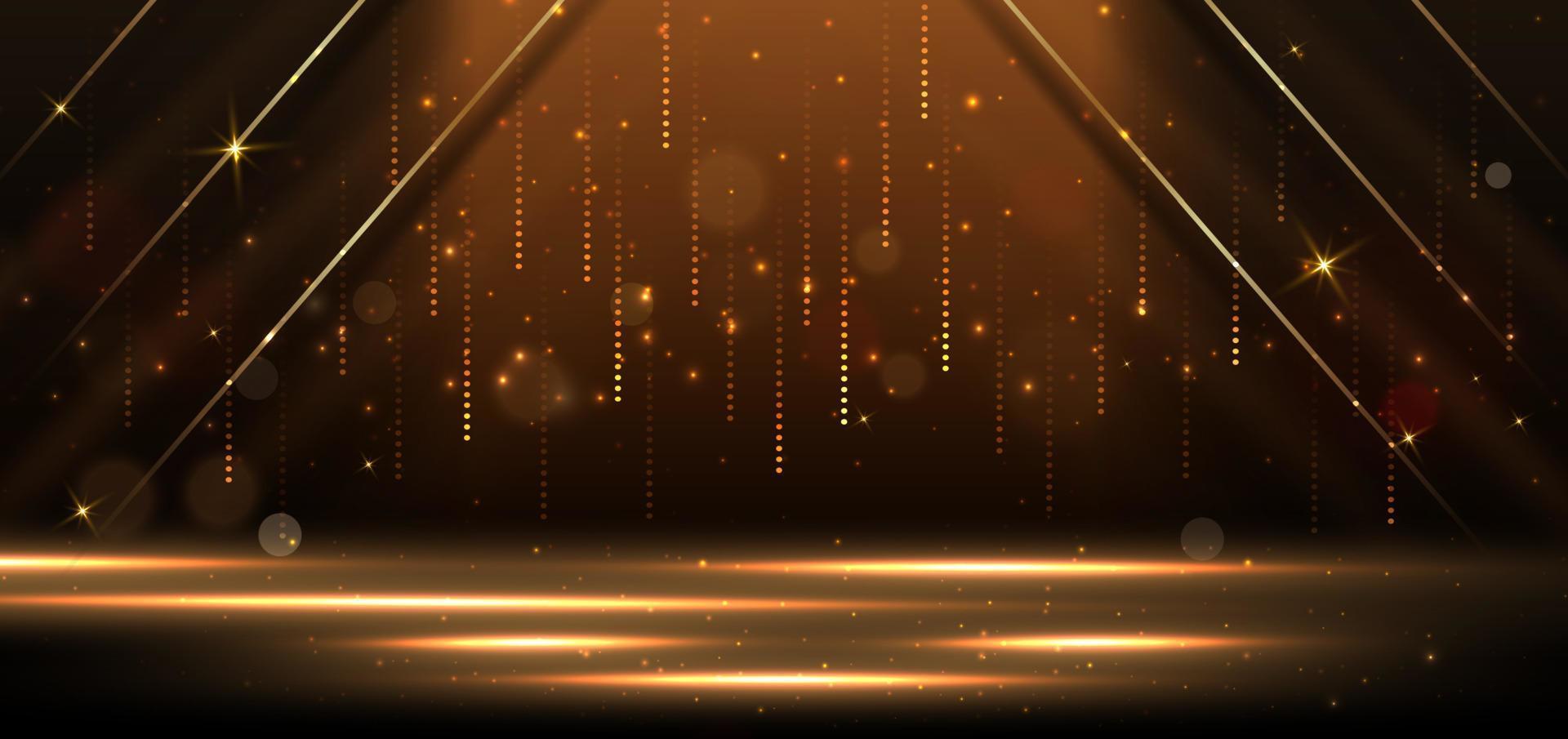 Elegant golden stage horizontal glowing with lighting effect sparkle on black background. Template premium award design. vector