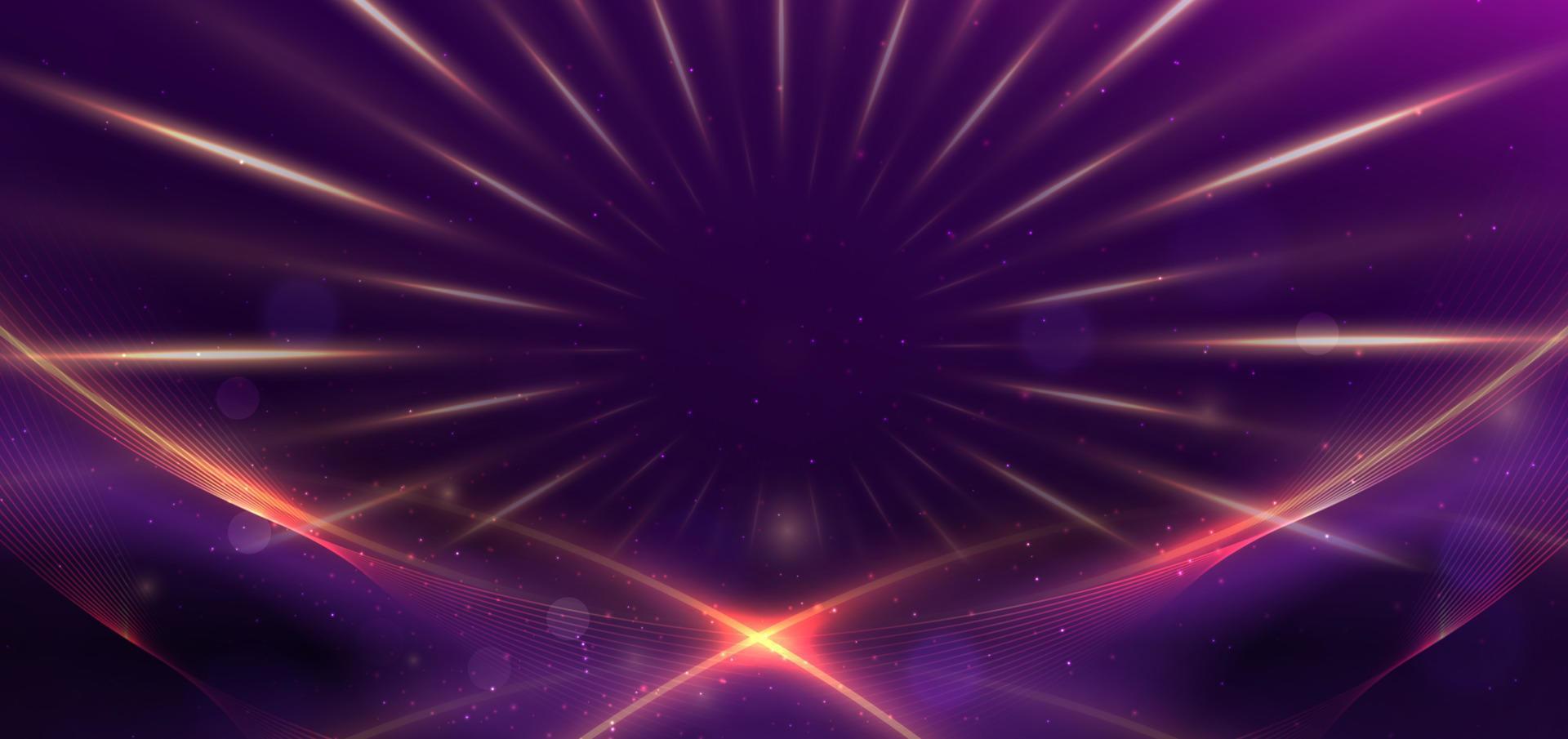 Luxury dark purple background with golden line curved and lighting effect sparkle. vector