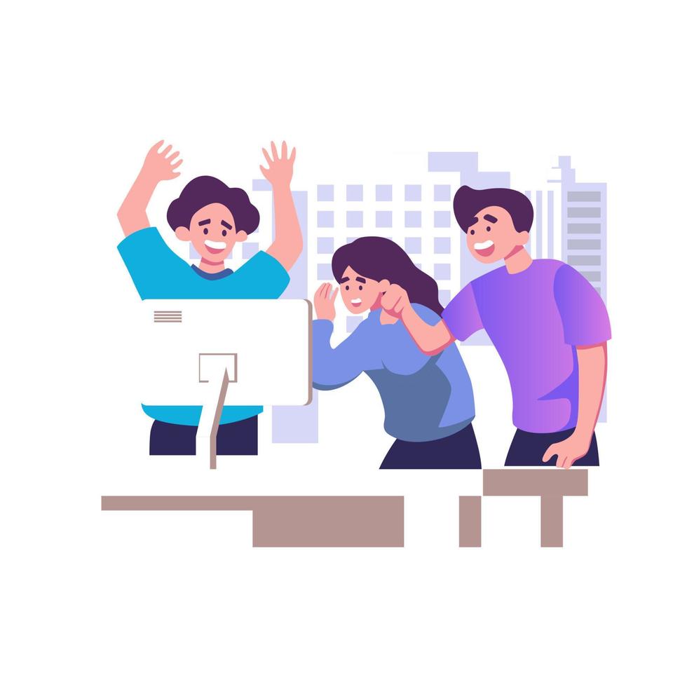 Happy business team, colleagues rejoicing success, achievement, victory, progress at work together. Good successful teamwork concept. Flat graphic vector illustration isolated on white background