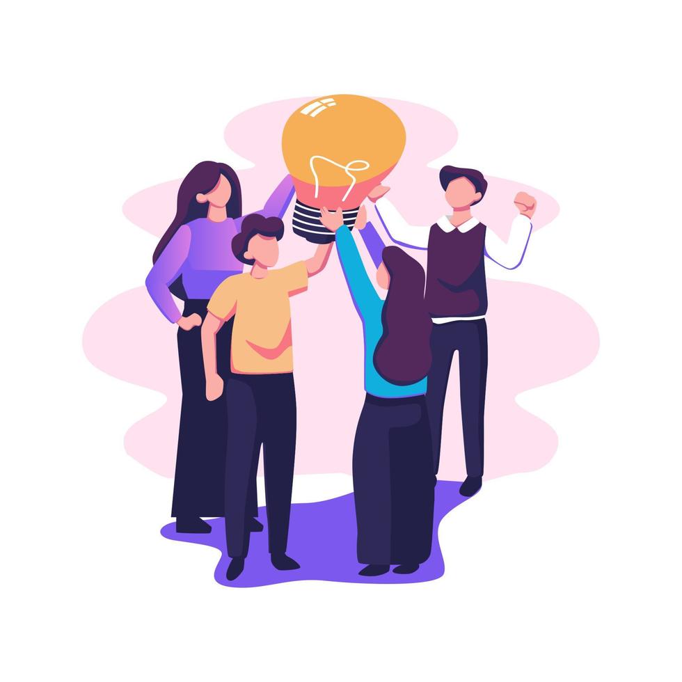 Creative business team and lightbulb. Work under brilliant idea, brainstorming, finding solution concept. Group collaboration, teamwork. Flat graphic vector illustration isolated on white background