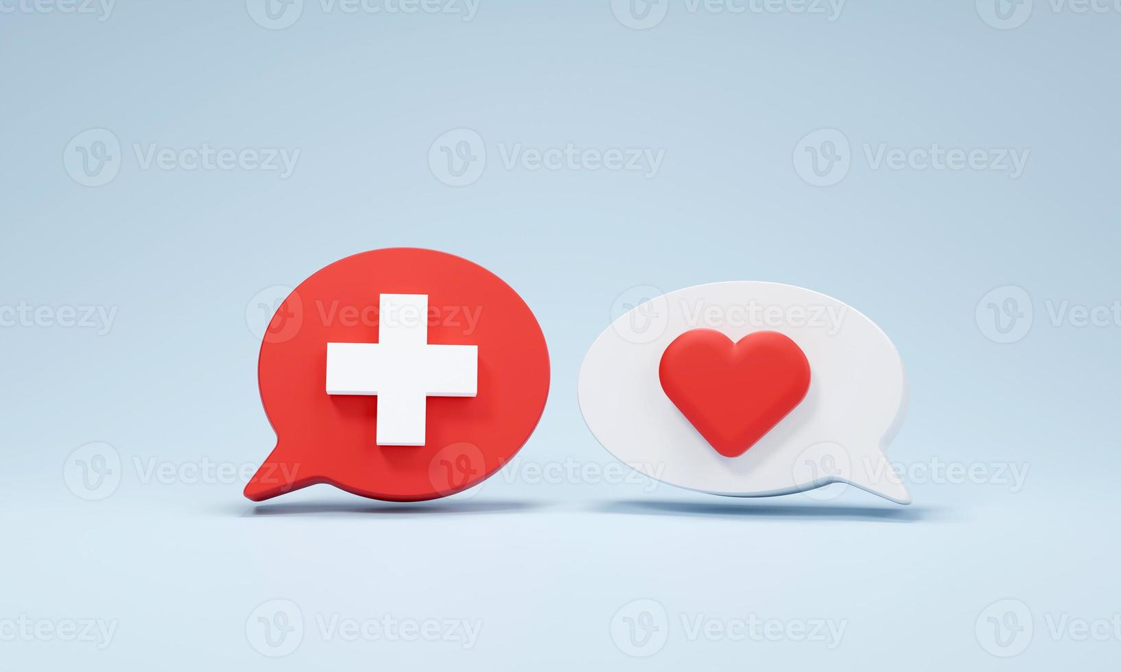 Chat bubble with medical symbols, plus sign and heart on background. concept of health care, discussion of complete and healthy health. photo