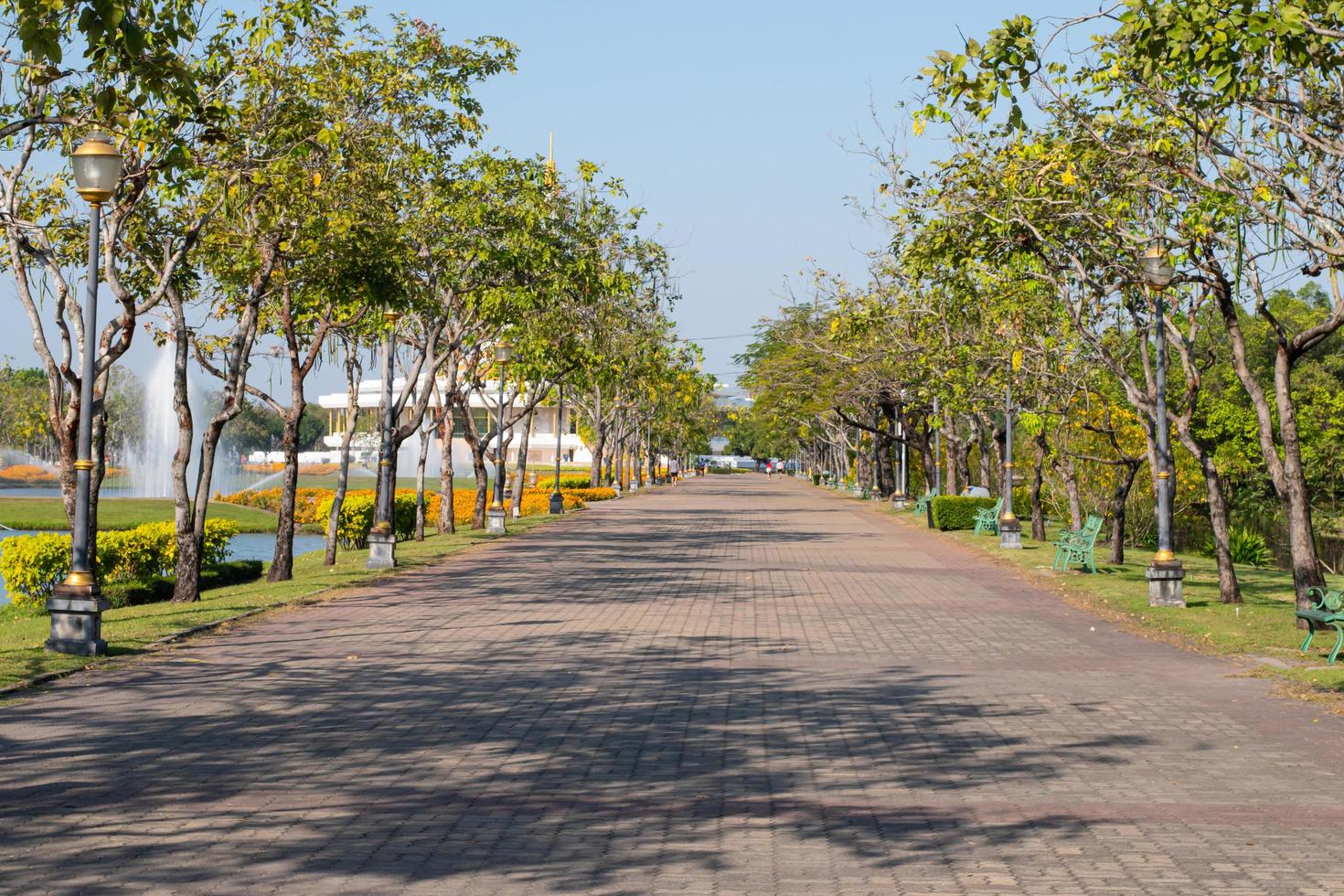 una larga pasarela o pista rodeada de árboles en el parque público suan luang rama ix. foto