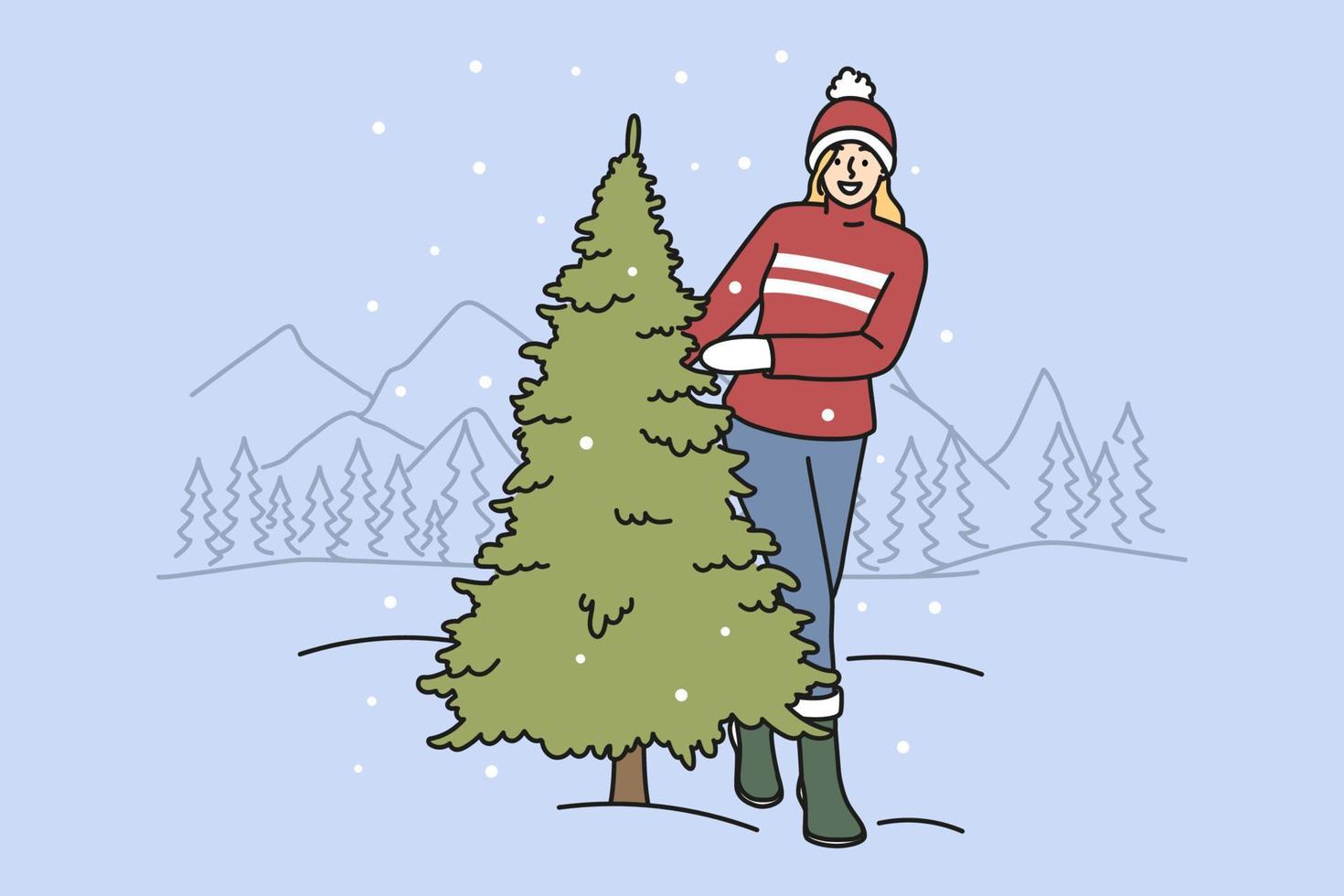 Happy young woman choose fir tree in forest. Smiling girl with Christmas tree in winter wood for New Year. Vector illustration.