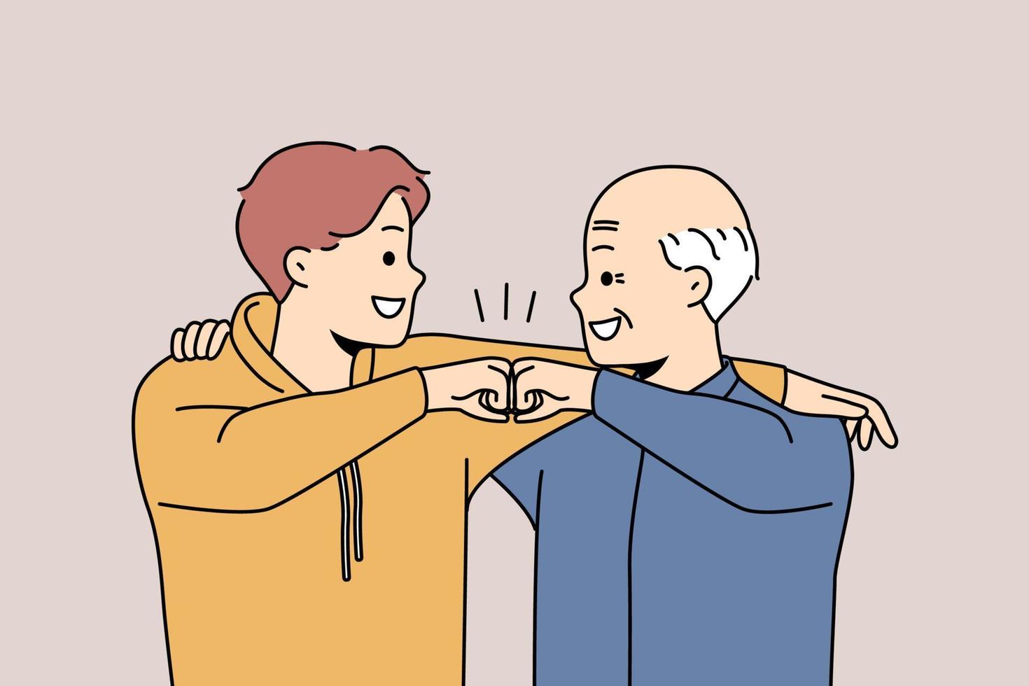 Smiling grandfather and grandson give fists bump show bonding and connection. Happy younger and older generation friendship. Vector illustration.
