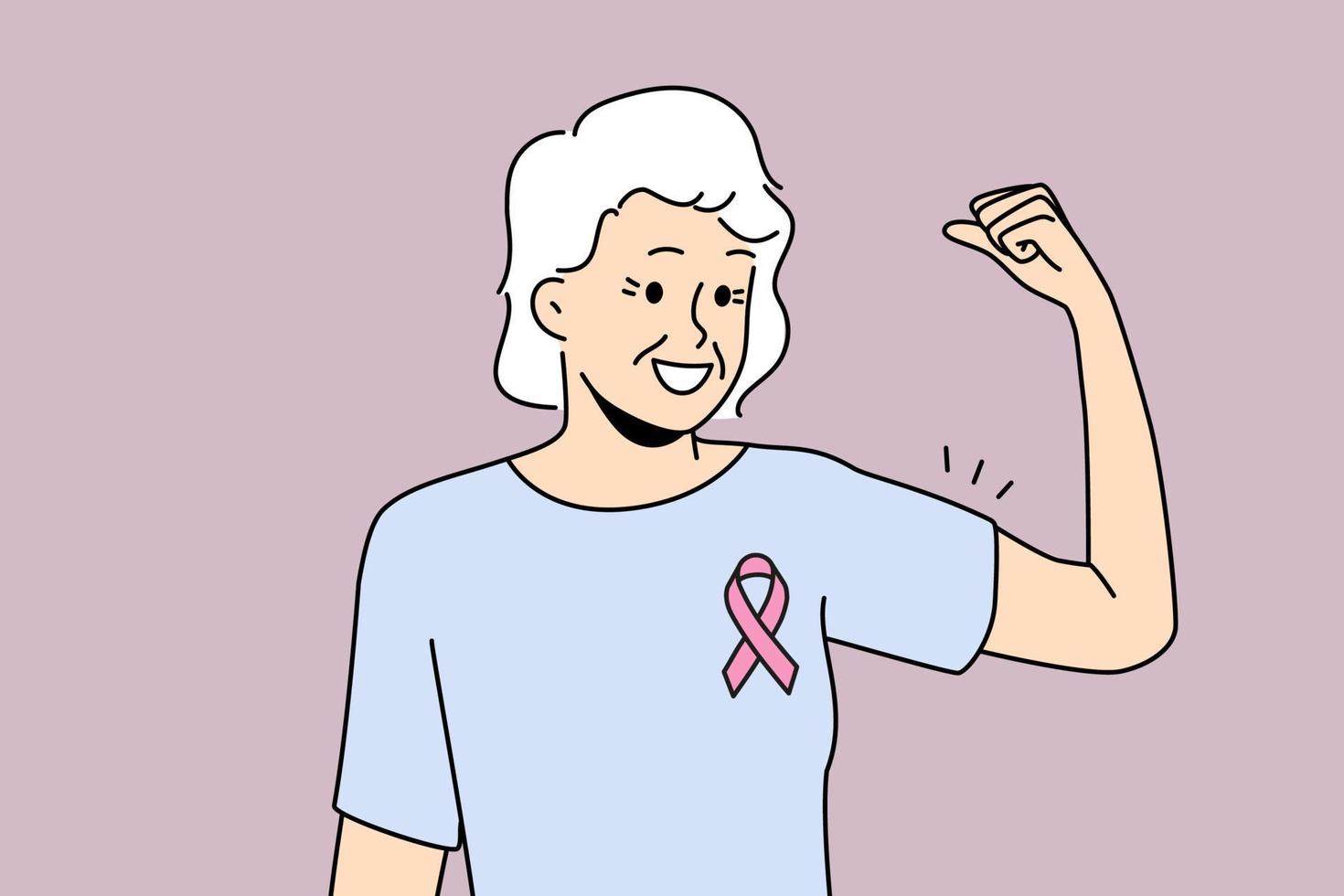 una anciana sonriente con una cinta rosa en el pecho se siente poderosa para superar el cáncer de mama. feliz mujer madura sobrevive a la oncología. cuidado de la salud. ilustración vectorial vector