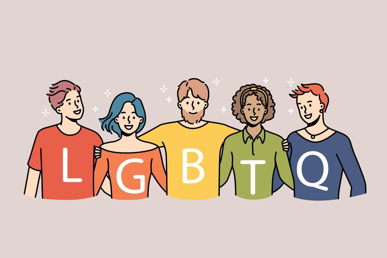 Smiling diverse people with colorful tops with LGBTQ letters show support. Happy group stand with LGBT and queer community. Pride parade. Vector illustration.