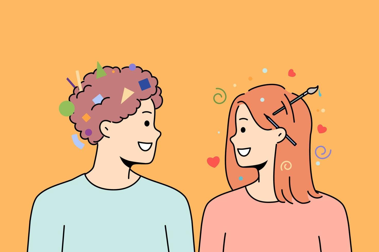 Diverse people with different mindsets exchange ideas. Smiling man and woman with logical and creative thinking cooperate. Vector illustration.